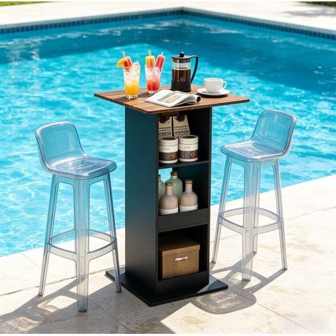 Table haute bar 60x60x112 cm noir et brun rustique, 3 étagères, en panneaux de particules MEUBLIV (1/5)