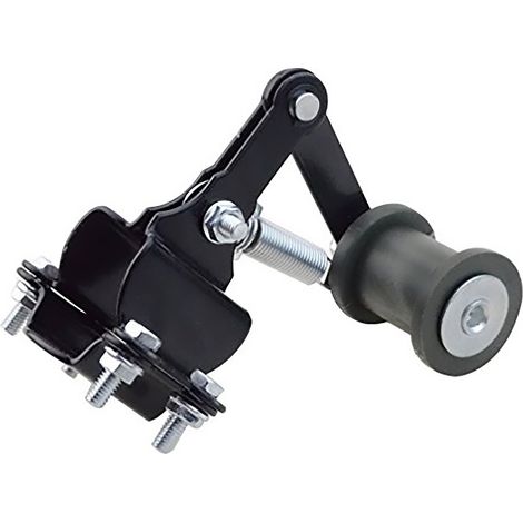 Universal motorcycle chain tensioner/adjuster, two-tone black and yellow, adjustable chain length modification part, suitable for various off-road vehicles, street motorcycles and cruisers.