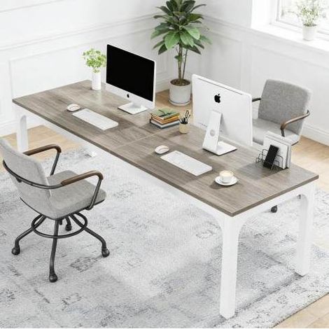Bureau informatique 200x70x75 cm taupe et blanc en métal et bois pour 2 personnes (1/5)