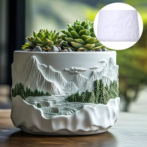 (Moule SANS PPDZ-14) Moule en résine silicone pour pot de fleurs en résine, motif relief montagneux, ruisseau de montagne, eau courante, boîte de rangement, coupelle à bougie, moules en gypse (1/4)