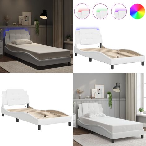 Bettgestell mit LED Weiß 100x200 cm Kunstleder - Bettrahmen - Schlafzimmermöbel - Led-Bett - Kunstlederbett - Doppelbett - Home & Living (1/5)
