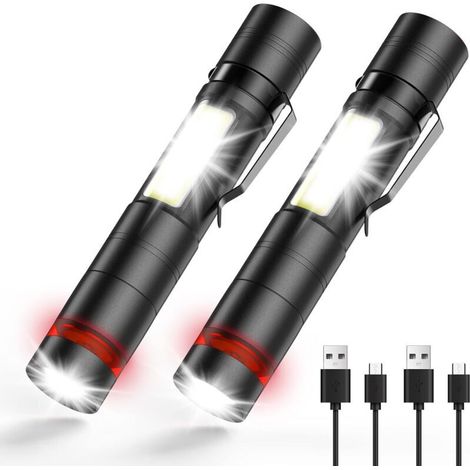 Mini Lampe Torche LED 2 Pièces, Clip en Acier & COB, Petite Lampes de Poche USB Rechargeable,Portable et IPX5 Étanche pour Camping, Randonnée (1/5)