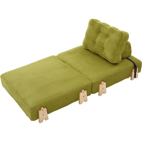 Sofá individual plegable de pana con patas de madera verde oliva (1/5)