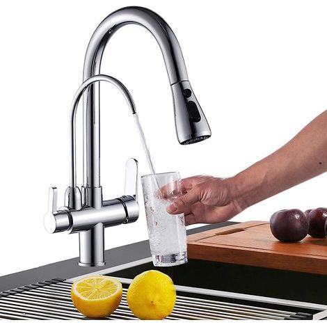 Küchenarmatur mit Ausziehbrause und 3 Wasserstrahlarten – 360° drehbarer Küchenmischer – Warm- und Kaltwasseranschluss (1/5)
