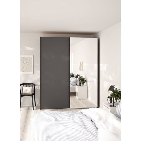 Armoire de chambre - COMO - Gris mat - 2 portes coulissantes dont 1 avec miroir - 178,5 x 66,6 x 220,4 cm (1/5)