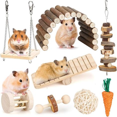 Hamster Chew Toy Set, Small Animals, Molar Toys, Teeth Care, Wooden Accessories for Guinea Pigs, Rodents, Swing and Seesaw Bridge Toy
