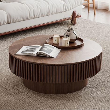 Runder Couchtisch 75 cm mit verstecktem Stauraum, MDF und Holzfurnier, Nussbaum HAVRYA (1/5)