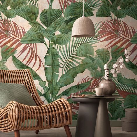 Fototapete Profhome 391852 heißgeprägte Vliestapete glatt mit Dschungel-Design matt grün beige rot-braun 1,59 m x 2,8 m