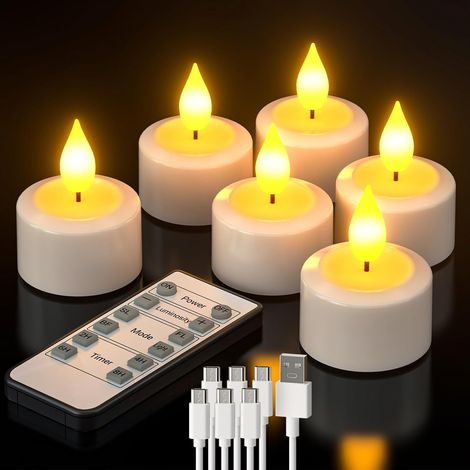 Lot de 6 Bougie Chauffe Plat LED Rechargeable, Flamme Vacillante, Télécommande, Minuterie, Décoration Intérieur (1/5)