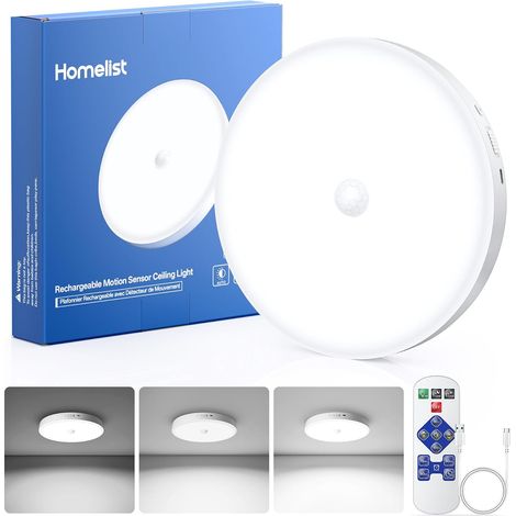 Plafonnier avec détecteur de mouvement, 12000mAh, 1 pièce LED rechargeable avec télécommande, dimmable pour garages, escaliers et salles de bain, adaptée aux enfants et seniors (1/5)