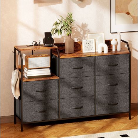 Commode 8 tiroirs en tissu marron rustique et noir avec station de charge et structure en acier (1/3)