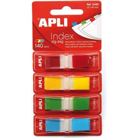APLI Dévidoirs d'index zig-zag repositionnables 12 x 45 mm - 4 couleurs - 35 index par dévidoir (Blister 4) (1/2)