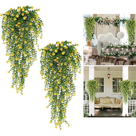 Fleurs rotin d'eucalyptus simulées de 75 cm, suspendu en plastique, plantes suspendues, artificielle jaunes décoration pour salon extérieur-2 pièces (1/5)