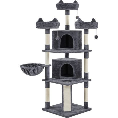 Yaheetech – Arbre à chat 174 cm avec 3 plateformes et 2 grottes – Panneau de particules et peluche – Pour plusieurs chats – Gris foncé