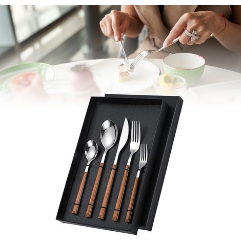 Ensemble de couverts en acier inoxydable haute dureté, couteaux, fourchettes, cuillères, manches en bois. (1/5)