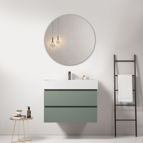 Mobile bagno sospeso cannettato 80 cm Verde Salvia Lavabo in Resina Specchio Tondo - Fiji Paint (1/4)