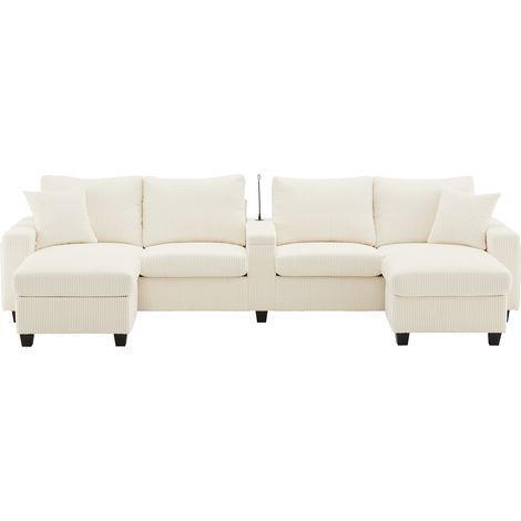 U-förmiges Ecksofa aus beigem Samt mit 2 Hockern, Leselampe, USB und Type-C (1/5)