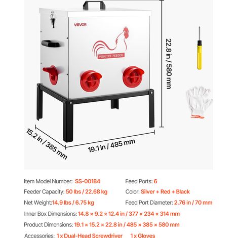 VEVOR Automatic Chicken Feeder, 50 lbs Capacity, 6 Feeding Ports No-Waste Poultry Feeder with Built-In Divider, with Latch & Handle, Metal Construction, for Chickens Bantams Pheasants Poultry Coop (1/4)
