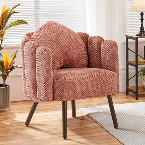 Sessel mit Kissen, Bouclé Muschel Sessel mit Blütenblatt-Rückenlehne, Schminktisch Stuhl Loungesessel Rosa (1/5)