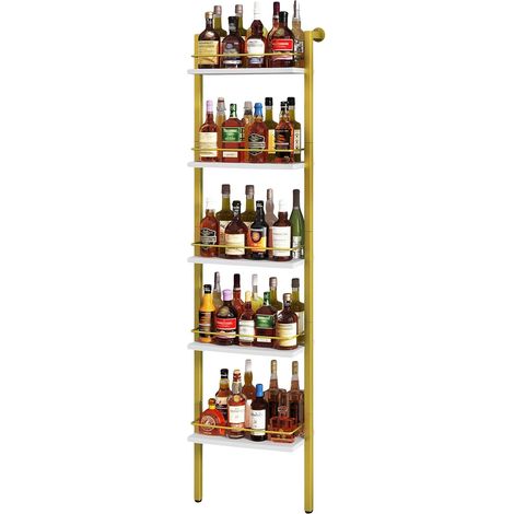 5 étages étagères à vin autonomes, étagère d'affichage de Bouteilles de Liqueur avec clôtures, étagère Flottante montée au Mur pour la Cuisine, 43 x 20 x 177CM Bianco Con oro HWR001G (1/5)