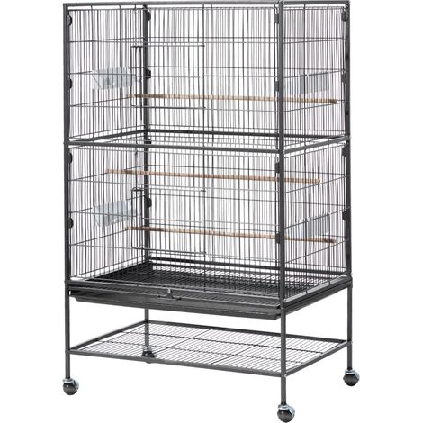 Cage à oiseaux 800x520x1320mm, plat supérieur, fer forgé, avec perchoirs, tiroir coulissant, mangeoires plastique et roulettes, pour perroquet, mésange, calopsitte, canari et perruche moine. (1/5)
