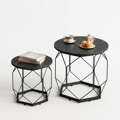 ELVMI Tables Basses Gigognes Lot de 2 avec Plateaux Amovibles et Rangement, Salon, Métal et Bois, Noir (1/5)