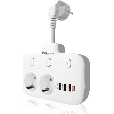 Multiprise Murale - 2 Prises 10 A 2500 W - 3 Ports USB PD3.0 QC3.0 - Protection Parafoudre - Câble Intégré 0,1 M - Blanc (1/5)