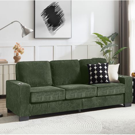 Divano 3 posti verde in velluto a coste con porta-bevande, lunghezza 206 cm (1/5)