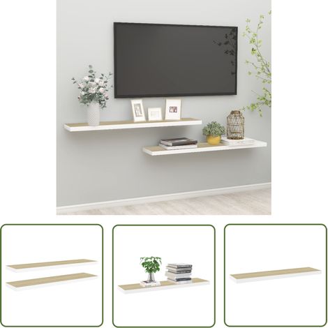The Living Store Schweberegale 2 Stk. Eichen-Optik und Weiß 120x23,5x3,8 cm MDF - Schwebendes Regal - Wandregal - Holzregal - Eichendimension - Weißes Regal (1/5)