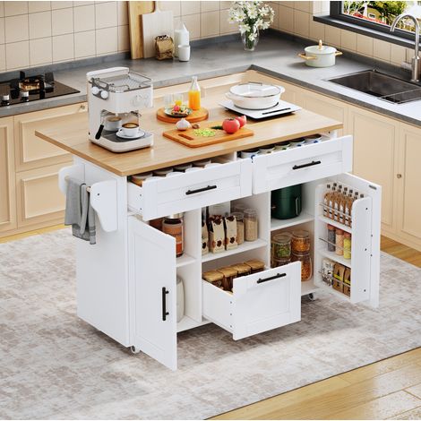 Carrito de cocina, 120x71x90 cm, blanco, con cajones, toallero, ruedas pivotantes 360°, bandeja plegable y cierre de resorte silencioso (1/5)