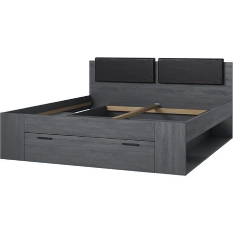 Cama de matrimonio color negro con almacenamiento 180x200 cabecero somier de lamas Horseg (1/5)