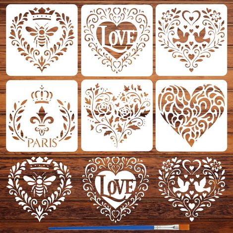 6Pcs Pochoir en Forme de Cœur pour Peindre Au Pinceau Pochoirs Réutilisables en Forme de Cœurs D'Amour de 150x150mm Pochoir Décoratif pour Peinture Murale Meubles Artisanat Bois (1/5)