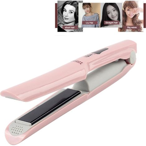 (Rose) Mini lisseur et fer à friser sans fil rechargeable par USB (double usage) (1/5)
