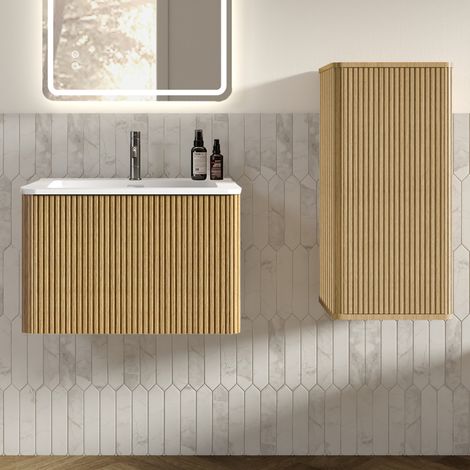 Mueble de baño con lavabo, mueble suspendido 61 cm y columna, roble DESVIAE (1/5)