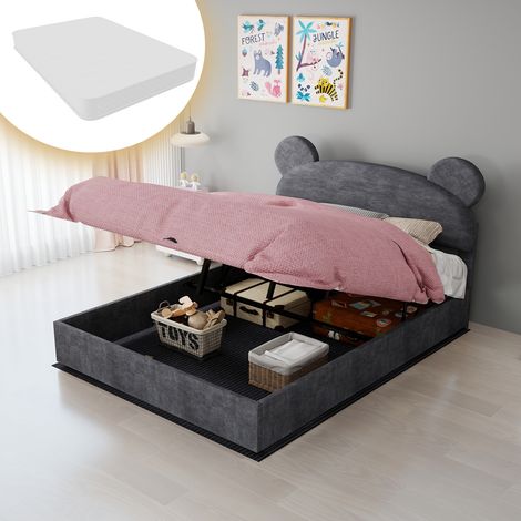 Adorable lit rembourré rond pour enfants, grand design de rangement, velours ami de la peau, charge maximale 400KG, comprend matelas double 140×200×23CM (1/5)