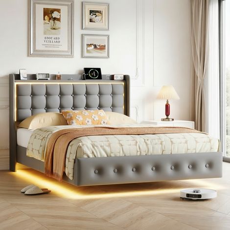 Lit double rembourré 160 x 200 - Lit adulte 160 x 200 - Lit suspendu avec bande LED - Tablette de chevet - Ports 2 USB et Type-C - Velour gris - Sommier à lattes (1/5)