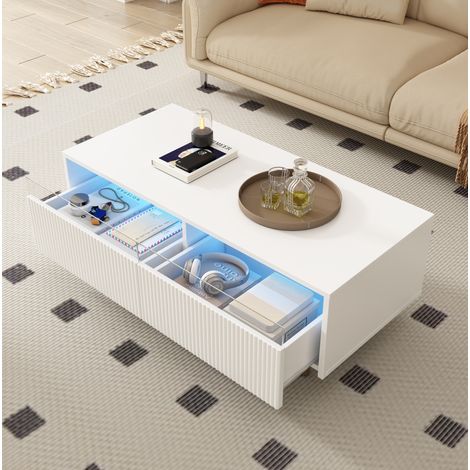 Mesa baja rectangular blanca con 2 cajones y tira de luz LED, patas doradas y blancas (1/5)