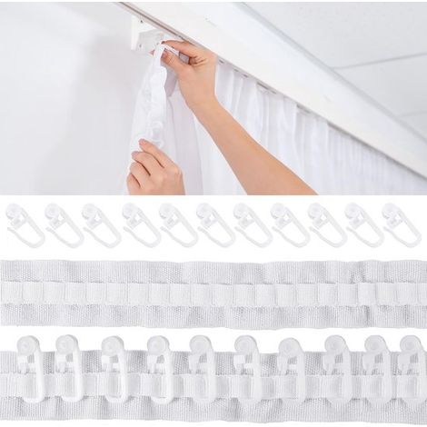 Ruban fronceur de 8 m x 2,5 cm avec 30 crochets de rideaux blancs à coudre, pour la confection d'accessoires de maison tels que des crochets de rideaux. (1/5)