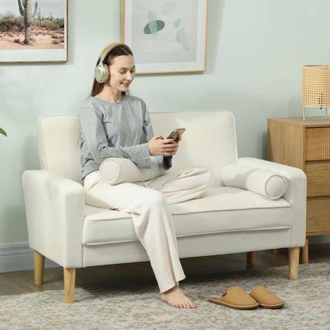 Canapé 2 places blanc crème, sofa double rembourré avec pieds en bois d'hévéa, assise confortable pour salon ou chambre (1/4)