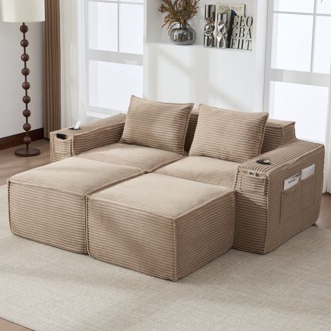 Sofá modular de 2 plazas 188x162x75 cm en tejido acanalado beige con 2 pufs - MEUBLIV (1/5)