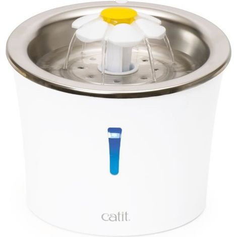 Fontaine a eau pour chat a fleur - CATIT - Flower - 3L - Dessus en acier inoxydable - Avec LED - Blanc