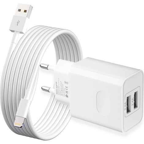 Chargeur iPhone, [Certifié Apple MFi] Prise USB avec Cable 1,5M pour iPhone 14/13/12/11 Pro/XS/XR/SE/X/8/7 Plus/6S/5/5C/5S,iPad, 5V 2.4A Double USB Charger Adaptateur Secteur Mural Alimentation (1/5)