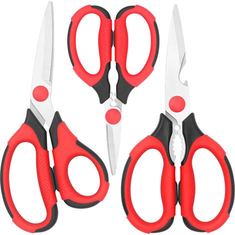 Lot de 3 paires de ciseaux de cuisine, lames tranchantes en acier inoxydable, poignées souples, multi-usages, rouge/noir (1/5)