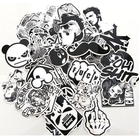 50 Autocollants Amovibles Imperméables Motifs Cartoon Noir et Blanc pour Voiture Valise Téléphone (1/4)