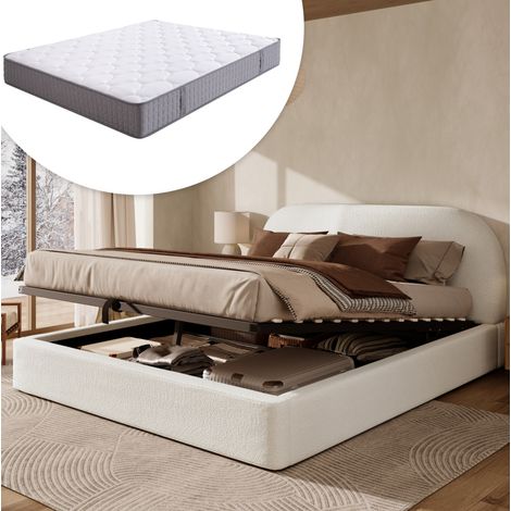 Bett 180x200 cm gepolstert in Beige Bouclé mit Kopfteil, Lattenrost, hydraulischem Stauraum und Matratze