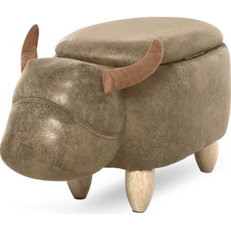 Homcom – Tabouret vache coffre de rangement 2 en 1 – Pieds en bois d'hévéa – Revêtement synthétique aspect daim vieilli marron – Dimensions 62L x 35I x 36H cm