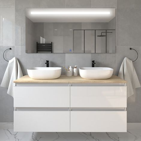 Meuble de salle de bain avec vasques à bords arrondies - blanc - BALEA et miroir Led STAM - 120cm (1/5)
