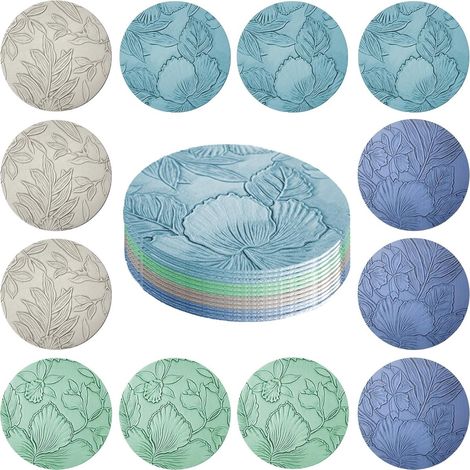 Dessous de verre - Lot de 12 - Motifs floraux - Aspect cuir - Simili cuir - Imperméables - Antidérapants - Lavables - 10 cm (1/5)