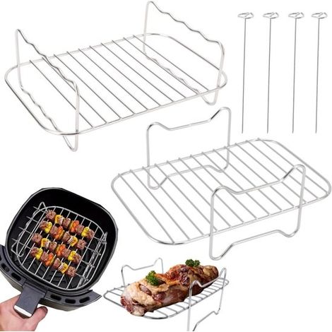 Grille de cuisson en 2 parties Grille vapeur pour friteuse Grille double couche en acier inoxydable Filet de barbecue carré (argenté différentes tailles) (1/5)