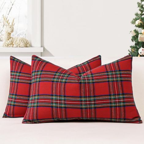 JSSEVN - Set of 2 Christmas Tartan Cushion Covers 40x60 cm Classic Farmhouse Plaid Decorative Pillowcases (Red Green) (1/5)